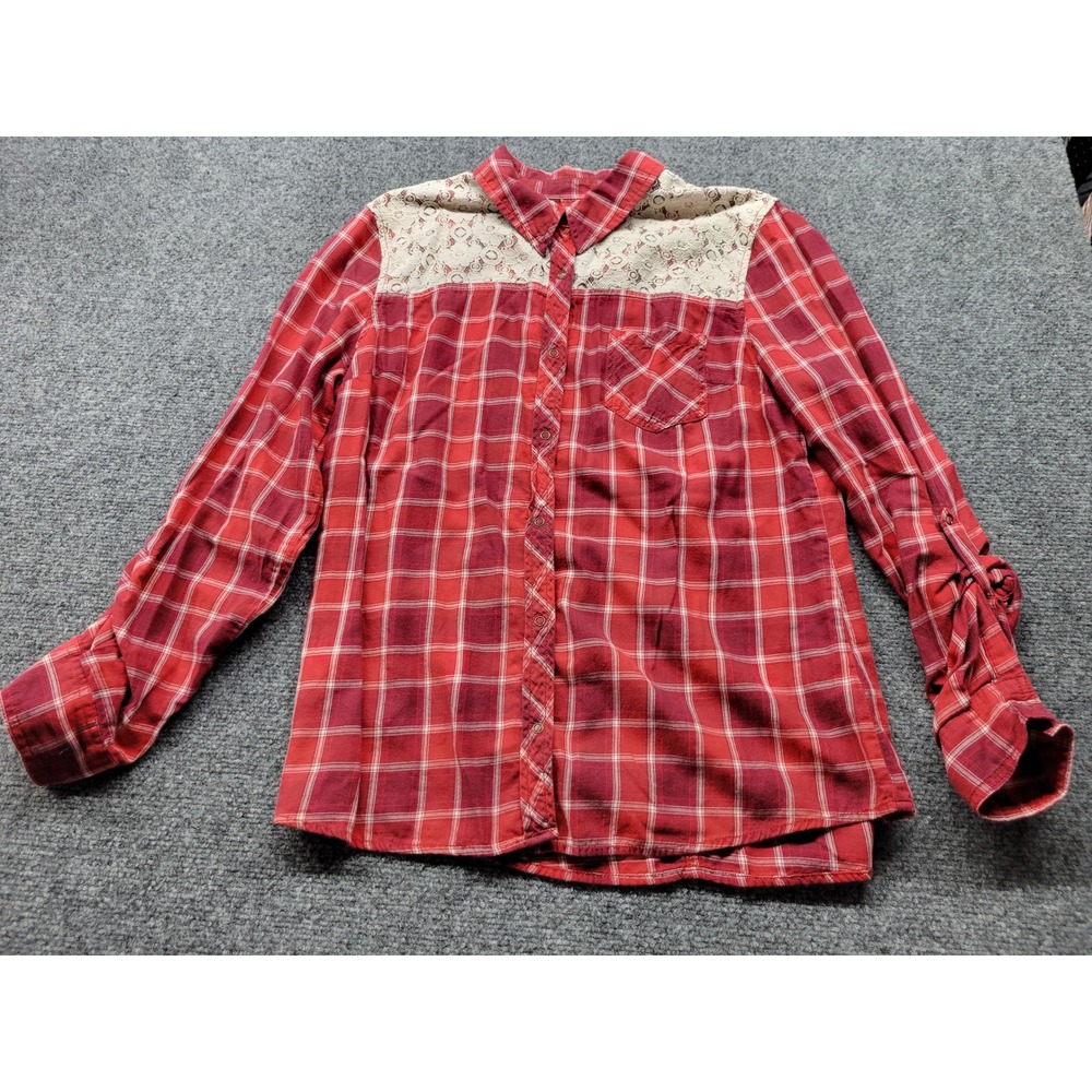 Arizona Jean Co Red Plaid Lace Yoke Roll Tab Button Down Shirt Large